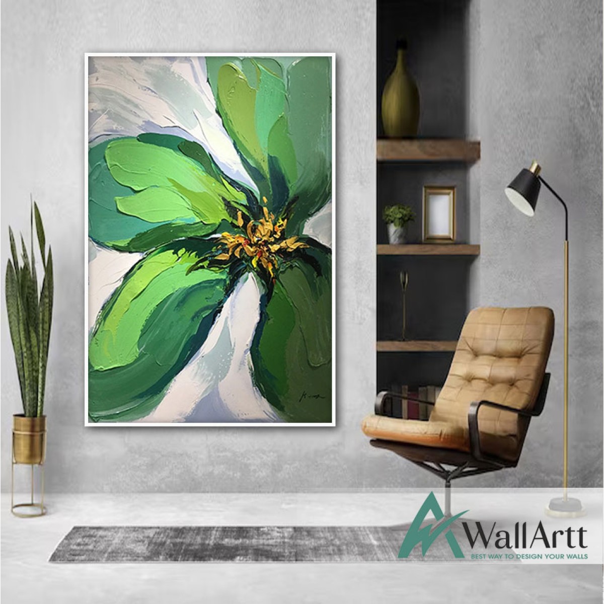 Green Flower 3d Heavy Textured Partial Oil Painting